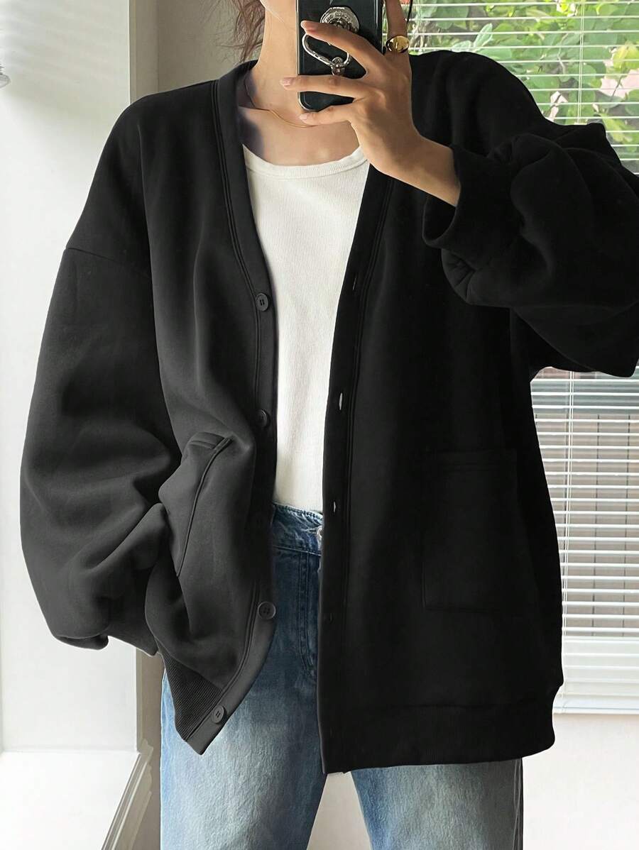 DAZY 女式长款宽松前开羊毛连帽衫，秋季女装运动衫夹克拉链 - 黑色 - 查看 1