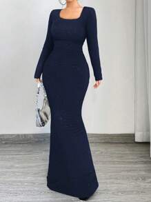 SHEIN SXY Vestido largo de mangas largas con cuello cuadrado brillante, cintura fruncida y ajustado, elegante y glamoroso, apropiado para citas, reuniones, cumpleaños y fiestas