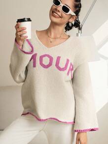 INAWLY Women's Casual Daily Letter Print Drop Shoulder Loose Sweater, Autumn/Winter Knit Pullover Fall - Apricot - View 6