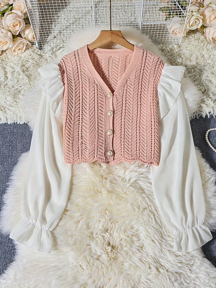 Chiquease Áo khoác cardigan ngắn xếp nếp xếp tầng dài tay màu tương phản mùa thu cho nữ - Nhiều màu - Xem 1