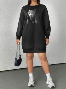 SHEIN EZwear Plus Size Winter Round Neck Long Sleeve Printed Minimalist Short Dress - Black - View 4
