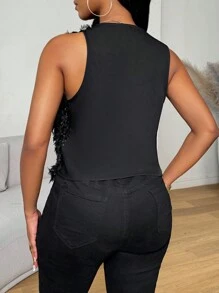 Zolique Women Sleeveless Open Front Shiny Fashion Regular Jacket - Black - View 2