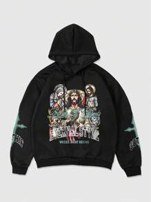 ROMWE MEN Street Life 男士图案印花连帽运动衫，春夏季休闲街头服饰 - 黑色 - 查看 1