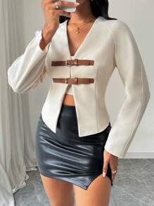 Zolique Chaqueta corta de mujer de manga raglan con botones y unicolor, para otoño/invierno - Beis - Ver 7