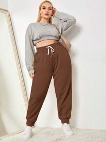 SHEIN EZwear Pantaloni della tuta stile sportivo casual con coulisse in vita e gamba stretta, taglie comode - Castano - Visualizzare 4