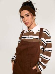 Athîral 1pc Women Casual Solid Color Patch Pocket Suspender Jumpsuit, Versatile Daily Wear - Coffee Brown - View 2