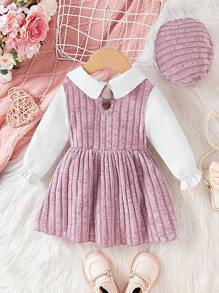 Baby Girl Lapel Fleece Hem Mock Layer Hooded Dress, Thicker Warm Comfortable Sweet Personalized, Essential For Autumn/Winter Outings