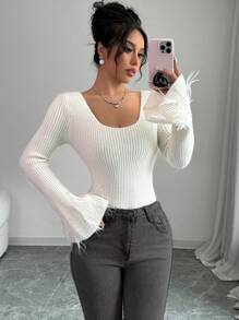 SHEIN Unity Women Pearl Embellished Flared Sleeve Sweater, Autumn/Winter Knit Pullover Fall - Beige - View 7