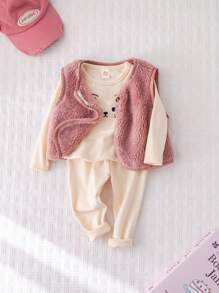 Cozy Pixies Bộ 3 món/Bộ áo nỉ dài tay cổ tròn họa tiết mèo hoạt hình ấm áp mùa đông cho bé gái, quần dài màu trơn cạp chun và áo vest nhung không tay - Nhiều màu - Xem 4