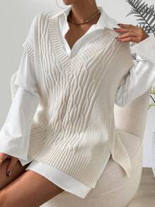 Chiquease 1pc Cable Knit Sweater Vest - Apricot - View 1