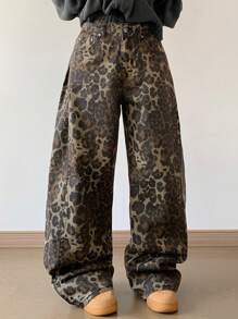 DAZY Women Straight Loose Wide-Leg Long Jeans, Casual Street Style Cheetah Print