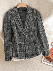 SHEIN Essnce Women's Autumn New Fashion Casual Commuting Elegant Classy Professional Thanksgiving Women Winter Costumes Goddess Costume Fall Curve Workplace Work Business Professional Pride Suit Tweed Small Fragrance Fabric Blazer - Black - View 1