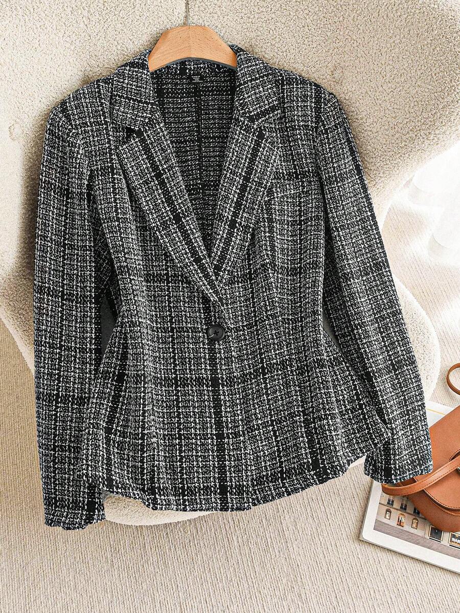 SHEIN Essnce Women's Autumn New Fashion Casual Commuting Elegant Classy Professional Thanksgiving Women Winter Costumes Goddess Costume Fall Curve Workplace Work Business Professional Pride Suit Tweed Small Fragrance Fabric Blazer - Black - View 1