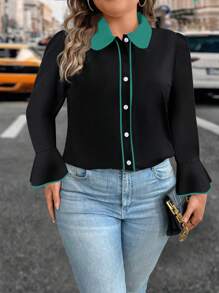 SHEIN Clasi Plus Size Women Elegant Elegant Contrast Collar Flare Sleeve Piping Blouse, Spring Autumn