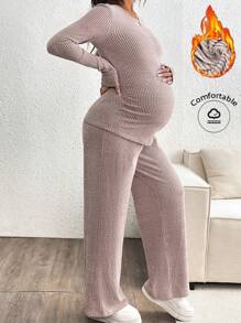 SHEIN Set de 2 piezas de top de manga larga acanalado y pantalón de pierna ancha informales de maternidad, conjunto de pantalones, otoño