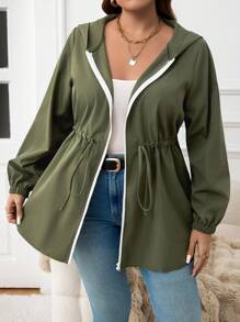 SHEIN LUNE Plus Size Women Casual Solid Color Lantern Sleeve Drawstring Waist Zipper Front Hooded Coat, Autumn Winter Green Holiday Outfit Thermal