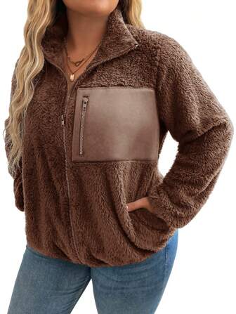 SHEIN LUNE Plus Size Casual Reversible Fleece Patchwork Jacket For Winter Winter Clothes Fall Autumn