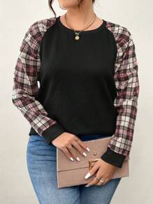 SHEIN LUNE Sudadera casual de cuello redondo de manga larga con estampado a cuadros contrastante, para otoño/invierno, de tallas grandes