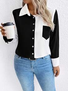 SHEIN CURVE+ Chemise grand taille mode à col boutonné avec blocs de couleurs, convient pour le business, le travail et le casual - Noir et Blanc - Voir 6