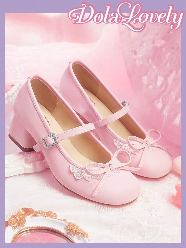 Dola Lovely Round Toe Low Vamp Bow Decoration Thick Heel Pumps, Fashion Women High Heel Shoes Spring Shoes Spring Break Easter