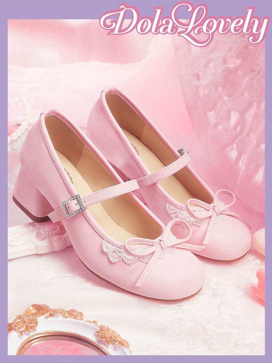 Dola Lovely Round Toe Low Vamp Bow Decoration Thick Heel Pumps, Fashion Women High Heel Shoes Spring Shoes Spring Break Easter