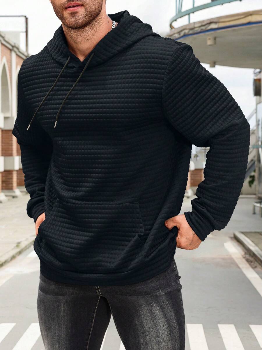 Manfinity Homme 大码男士长袖口袋简约连帽衫，休闲日常穿着 - 藏蓝色 - 查看 1
