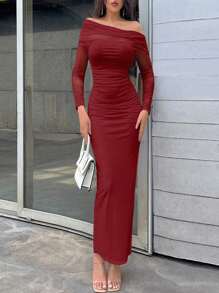 Firerie Women White Asymmetrical Neckline Long Sleeve Dress With Side Slit - Red - View 5