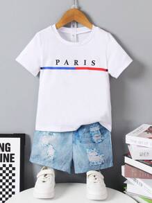 SHEIN Letni chłopięcy T-shirt z graficznym napisem i krótkimi spodenkami