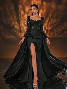 Glamrae Elegant Luxurious Sequin Patchwork Satin Sheer Long Sleeve Front Bust Cup Fish Bone Fishtail Side High Slit Back Floor Length Draped Formal Gown, Prom Evening Dress, Party Dress, For Wedding Guest, Graduation, Dinner - Black - View 4