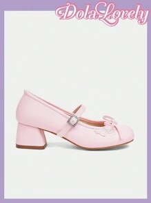 Dola Lovely Round Toe Low Vamp Bow Decoration Thick Heel Pumps, Fashion Women High Heel Shoes Spring Shoes Spring Break Easter