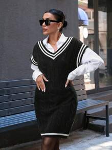 RueChic Casual Mini Cable Knit Contrast Color Stripe Hem Sweater Dress