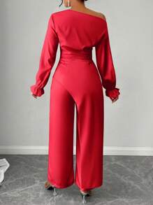 SOLERSUN One Shoulder Sexy And Simple Wide Leg Jumpsuit And Elegant Style For New Year Holiday Party Clothes Fall Cloth For Women - Red - View 2