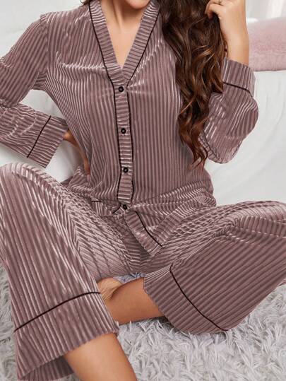 LuxeNights Fluwelen Long Sleeve Cardigan Lounge Pants Women Fluffy Pajama Set Cozy Elegante s, Fall Clothes view 4