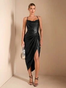 SHEIN BAE 女士优雅垂坠领口不对称荷叶边天鹅绒连衣裙，适合日常约会、郊游、夜总会、派对和庆祝活动