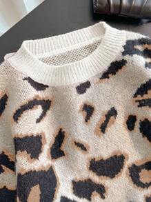 SHEIN LUNE Jersey de punto con cuello redondo, recorte de estampado de leopardo y manga larga, de mezcla de lana suave, de moda y versátil, para otoño/invierno