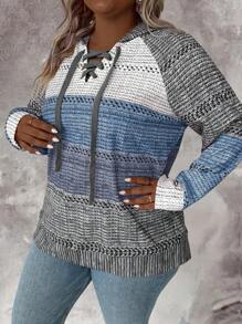 Plus Size Women's Autumn Raglan Sleeve Contrast Collar Tie-Up Hooded Casual Faux Fur Knit Sweatshirt