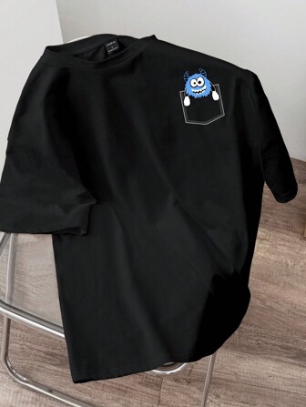 Manfinity Hypemode Men's Casual Cartoon Print Black Round Neck Short Sleeve T-Shirt