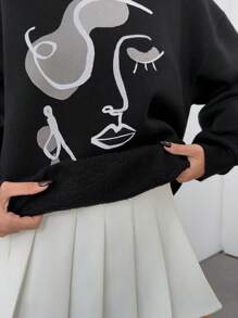 RueChic Silluette Pattern Flock Printed, Brush Back, Keep Warming Feature Crew Neck Sweatshirt - Black - View 5