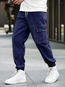 Manfinity Homme Loose Fit Men's Twill Jogger Jeans With Flap Pockets - Dark Wash - View 1