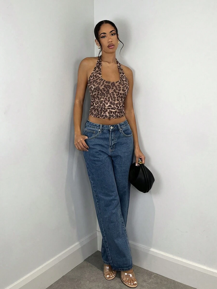 SHEIN BAE 女士豹纹露背背心，休闲日常穿着 冬季女装 女士豹纹紧身胸衣 女士背心 感恩节女士服装 圣诞节女装 圣诞服装 紧身胸衣上衣 棕色背心 穴居女人 冬季女式上衣 - 彩色 - 查看 1