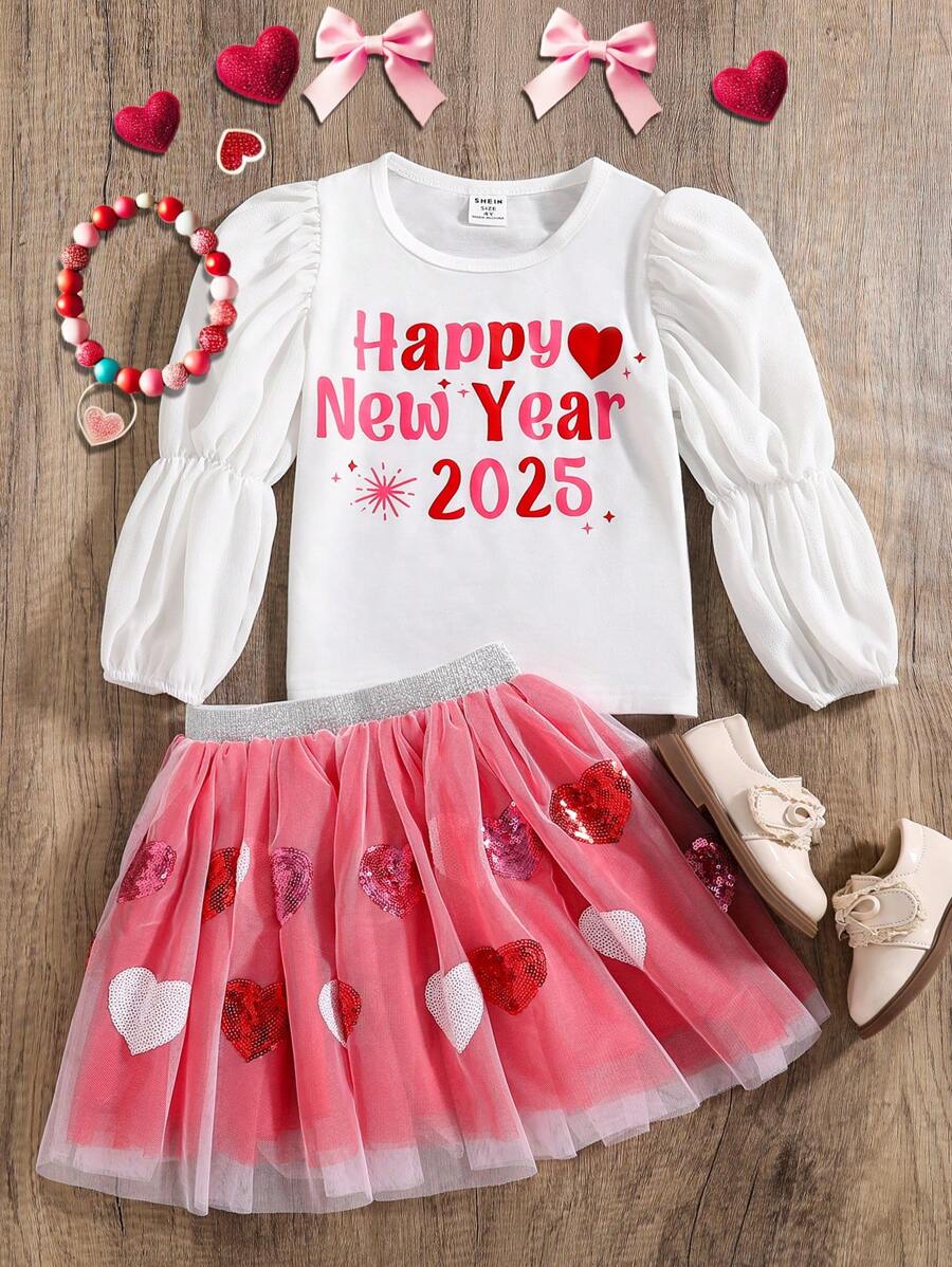 Young Girl Letter Print Round Neck Long Sleeve Top & Mesh Splice Elastic Waist Skirt 2pcs/Set - Multicolor - View 1