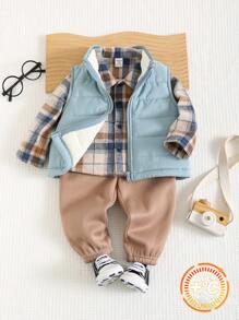 SHEIN 3 件套年轻男孩可爱加厚背心夹克、格子衬衫、松紧腰运动裤套装，适合秋冬季户外和室内穿着 - 彩色 - 查看 5