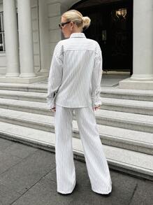 RueChic 2pcs/Set Women Elastic Knit Patch Pocket Striped Shirt Top And Straight Leg Pants, Casual Chic Outfit - White - View 2