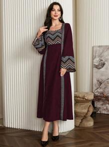 Al Najma 女士土耳其连衣裙和阿拉伯传统长袍，端庄优雅的 A 字形长款勃艮第长袖阿拉伯连衣裙卡夫坦和 Jalabiya，适合晚会/婚礼嘉宾/周年纪念