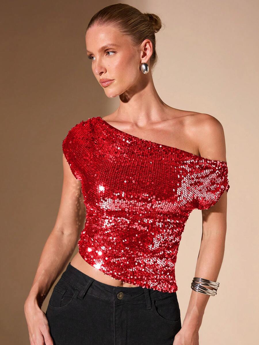 SHEIN BAE Áo dự tiệc hở vai bất đối xứng gợi cảm giản dị cho nữ, màu bạc, thu/đông - Đỏ - Xem 1