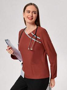 TaskEZ 1 件女式 V 领长袖口袋手术服上衣