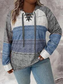 Plus Size Women's Autumn Raglan Sleeve Contrast Collar Tie-Up Hooded Casual Faux Fur Knit Sweatshirt