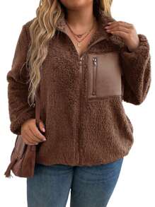 SHEIN LUNE Áo khoác nỉ chắp vá cỡ lớn thường ngày có thể đảo ngược cho quần áo mùa đông - màu nâu - Xem 7