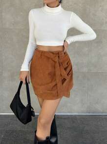 EURMUSE 女士纯色打结腰围短休闲裙 - 卡其色 - 查看 2