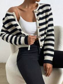 Chiquease 條紋圖案前紐扣開襟衫 - 黑與白 - 查看 6